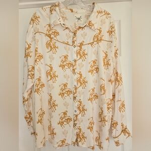 Cotton & Rye Cowboy Horse Western Print Button Down Shirt - Cream and Gold- XL